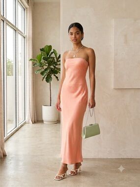SNDYS x Revolve Coral Satin Strapless Maxi Dress Gown - Medium NWT